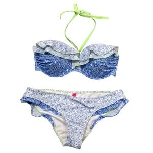 Victorias Secret Blue White Floral Print Bandeau Bikini‎ Swimsuit Set M